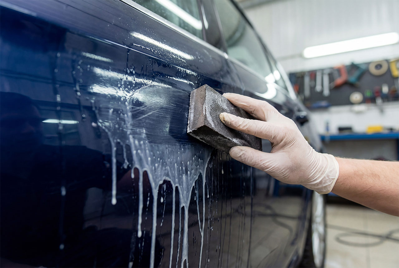 using wet sandpaper block on car