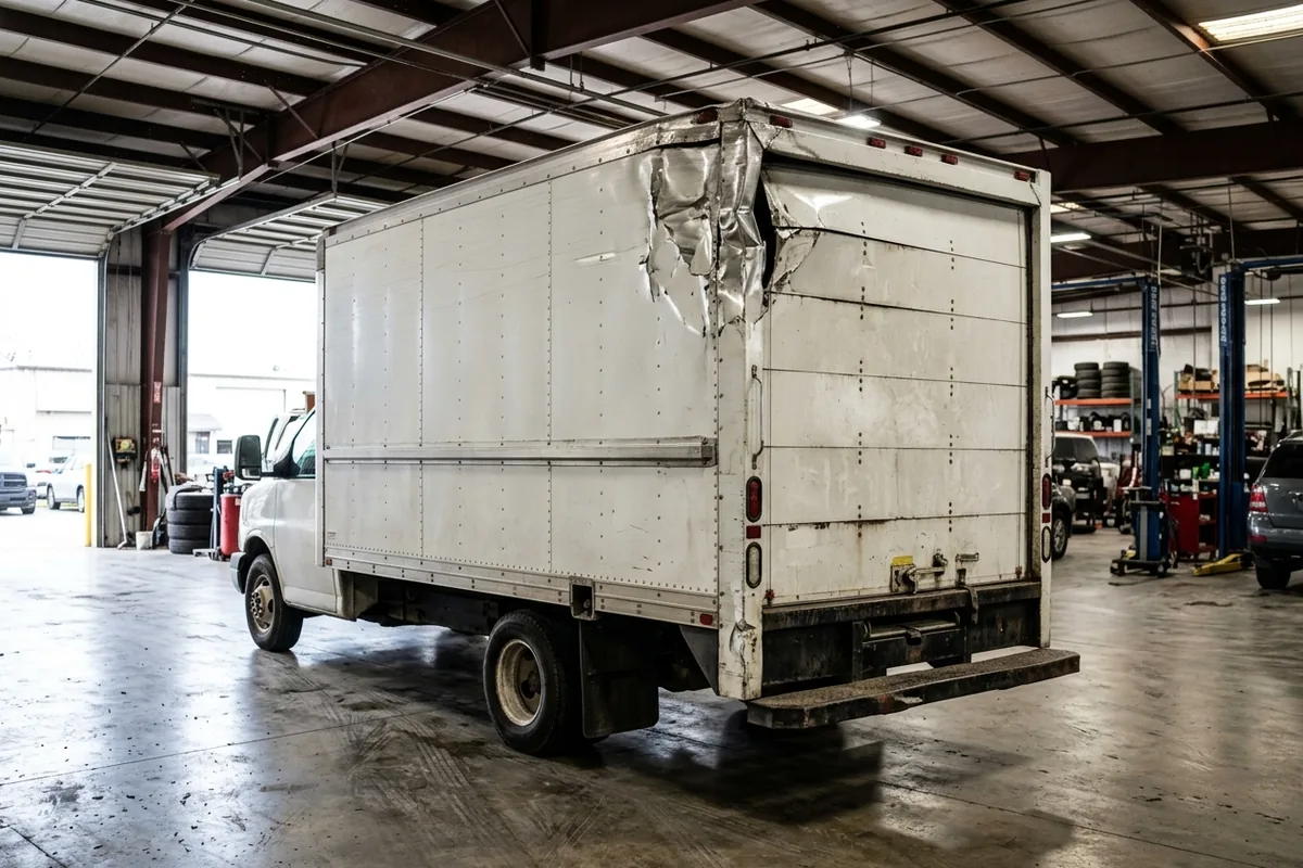 White box truck with a torn, crumpled upper rear corner on its aluminum cargo box inside a truck repair shop
